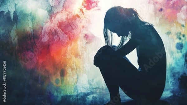 Obraz A silhouette of a woman hunched over in a dark room with a colorful, watercolor background.
