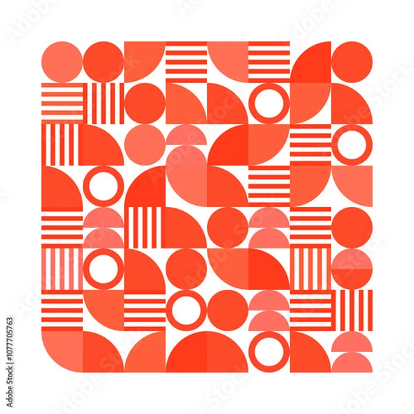 Fototapeta Abstract geometric pattern featuring a variety of red and orange shapes, including circles, semicircles, quarter circles, and stripes.