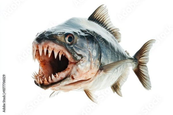 Obraz A close-up of a piranha fish with its mouth open, revealing sharp teeth. The fish is isolated on a white background.