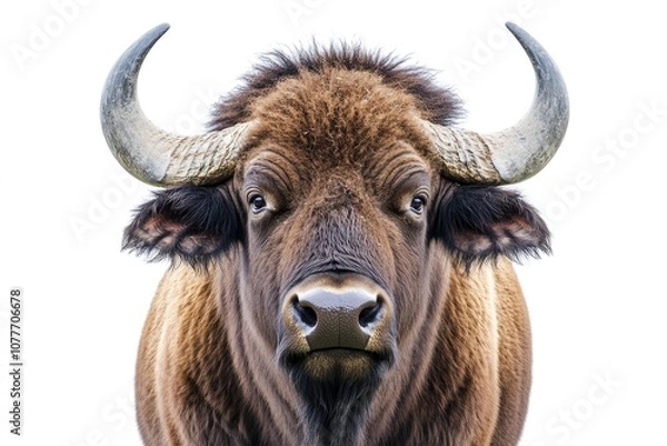 Fototapeta A close-up portrait of a large, brown water buffalo with large horns looking directly at the camera.  The buffalo is isolated on a white background.