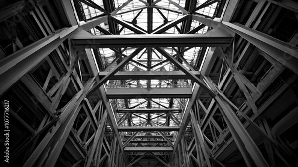 Fototapeta Interior large industrial structure high ceiling made metal abstract architecture background