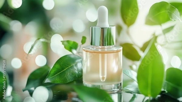 Fototapeta A glass dropper bottle with a silver cap filled with transparent liquid sits on a bed of green leaves.