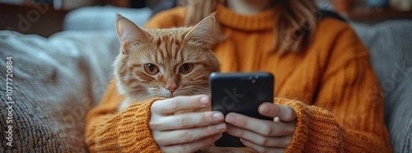 Fototapeta Woman with scottish kitten on the sofa with phone chatting using smartphone types message pet and owner communication human and animal friendship.