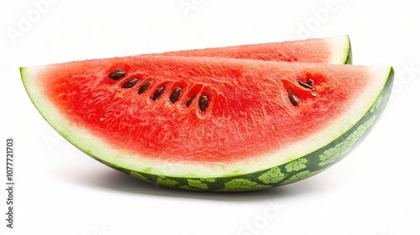 Fototapeta Fresh Single Slice of Juicy Watermelon Isolated on Bright White Background Perfect for Summer Recipes, Healthy Eating Concepts, or Refreshing Dessert Ideas