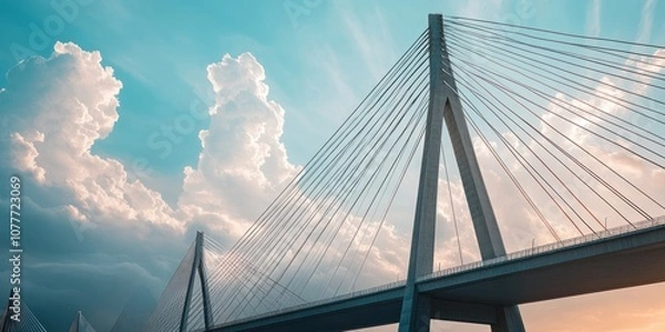 Fototapeta A modern cable-stayed bridge against a dramatic sky with clouds.