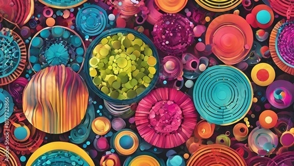 Obraz Abstract bright colorful circle geometric shapes design background. Stacked round shape pattern. Minimalist geometric style. Multicolored circles.