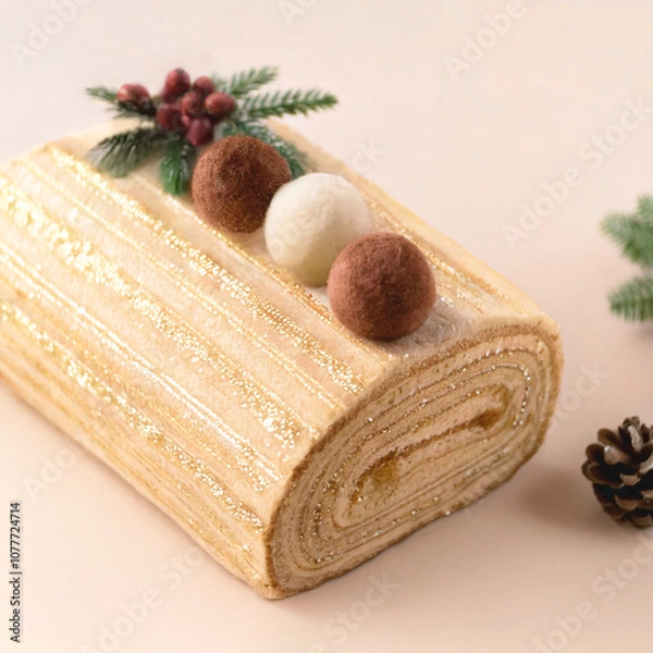 Fototapeta 羊毛フェルトのプチケーキ　ブッシュドノエル