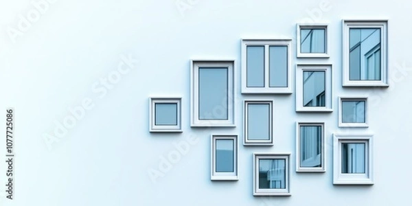 Fototapeta A collection of various window frames arranged artistically on a light wall.