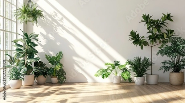 Fototapeta A minimalist room with large windows and potted plants. The sunlight shines through the windows creating shadows on the white wall.