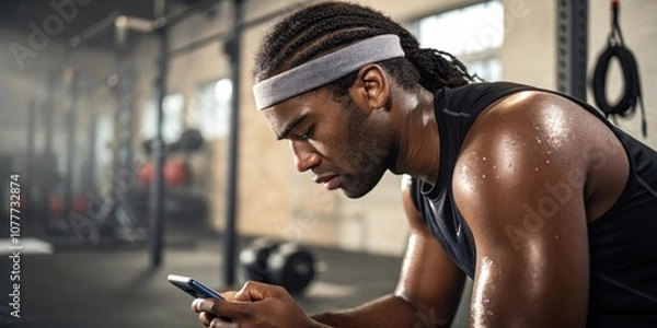 Fototapeta A sweaty athlete pauses midworkout glancing down at a small device in their hand with focused determination on their expression.