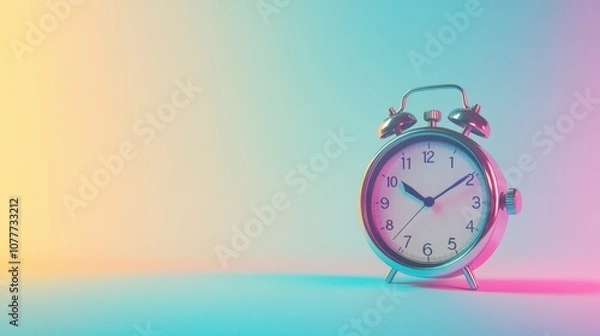 Fototapeta A silver alarm clock with black hands sits on a blue and pink gradient surface. The clock face is white with black numbers. The background is a light gradient of yellow, blue, and pink.