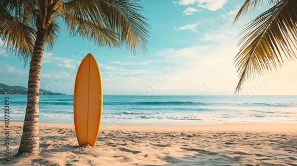 Fototapeta A yellow surfboard leans against a palm tree on a sandy beach, the ocean and sky in the background.