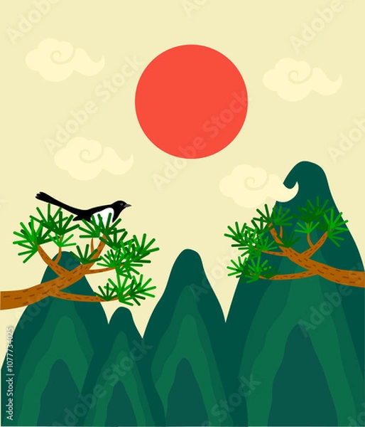 Obraz Natural elements such as the big red sun, pine trees, magpies, and mountain valleys are expressed in Korean traditional images