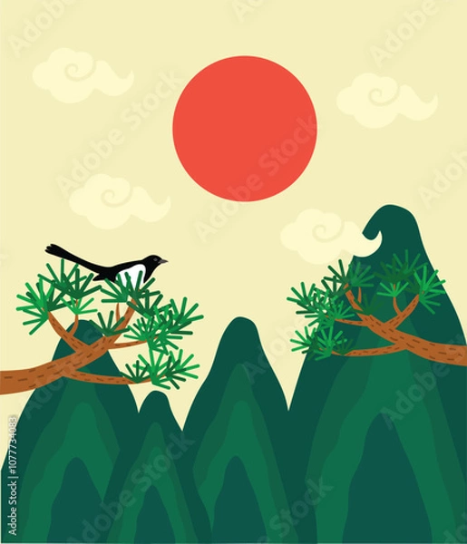 Obraz Natural elements such as the big red sun, pine trees, magpies, and mountain valleys are expressed in Korean traditional images