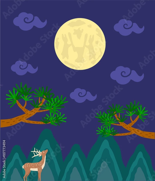 Obraz Expressing the appearance of nature such as full moon, pine tree, deer, and mountain valley in Korean traditional image