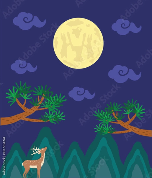 Obraz Expressing the appearance of nature such as full moon, pine tree, deer, and mountain valley in Korean traditional image
