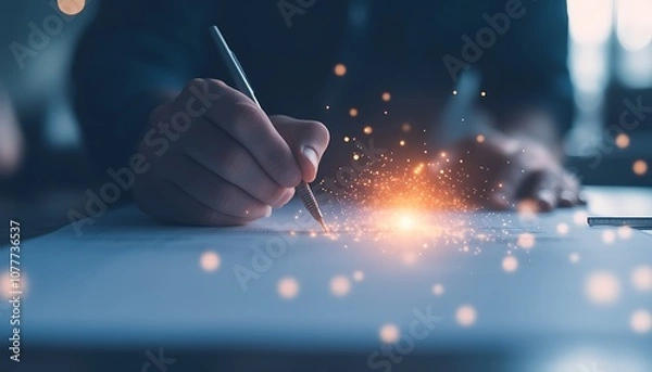 Fototapeta A hand writing with a pen on paper, surrounded by glowing particles that suggest creativity or magic in the act of creation.