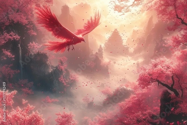 Fototapeta a captivating fantasy scene inspired by japanese art featuring ethereal landscapes mythical creatures and delicate cherry blossoms in a dreamlike ambiance