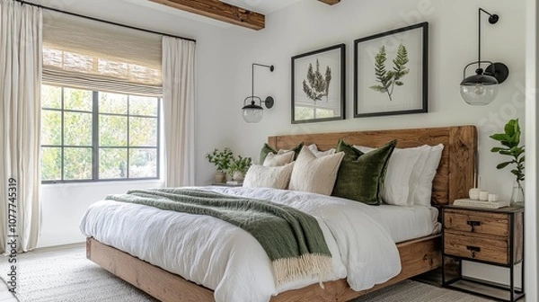 Fototapeta Modern Farmhouse Master Bedroom Design with White Walls, Sage Green Accents, Natural Linen Roman Blinds, Black Pendant Lights, and Nature-Inspired Art for a Cozy and Inviting Atmosphere