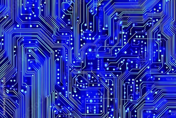 Fototapeta Close-up of a glowing neon circuit board pattern, showcasing intricate lines and electronic pathways in a vibrant blue hue