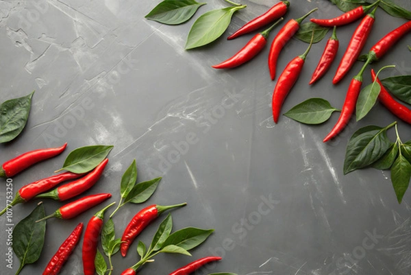 Fototapeta Frame made of Hot red fresh chili peppers on gray background flat lay top view. Copy space.