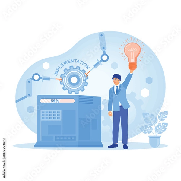 Obraz Businessman with an industrial robot. Men apply manufacturing process innovation. Project implementation concept. Flat vector illustration.