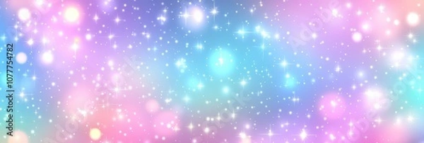Fototapeta Abstract blurred bokeh light background , blue unicorn background. Pastel watercolor sky with glitter stars and bokeh. Fantasy space galaxy with holographic texture. banner poster template