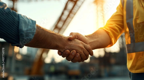 Fototapeta Handshake between male and female civil engineers at construction site, symbolizing collaboration and teamwork in engineering projects