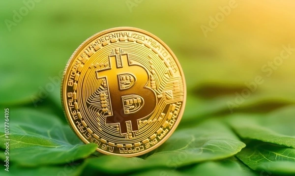 Fototapeta Gold bitcoin on green leaf. concept of digital currency. Cryptocurrency mining and renewable energy concept