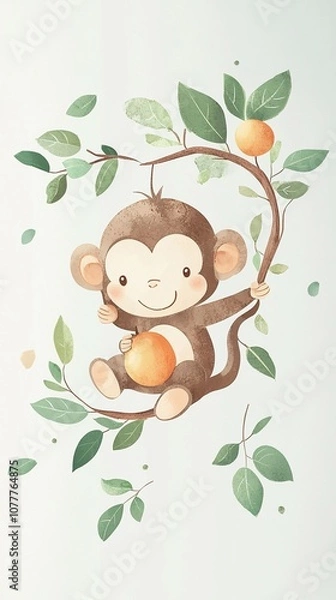 Fototapeta A Cute Cartoon Monkey Holding an Orange Sitting on a Branch Surrounded by Leaves