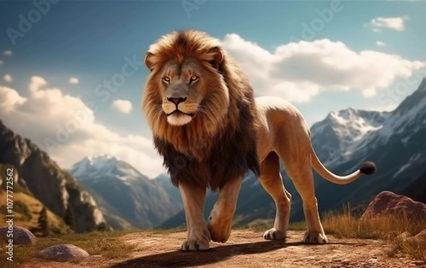 Obraz A majestic lion walks through a picturesque landscape with mountains in the background.