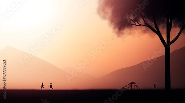 Fototapeta Serene Landscape at Dusk Featuring Silhouettes of Children Walking Near a Playground with Gentle Mountains in the Background and a Lush Tree