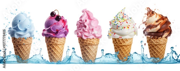 Fototapeta Set of Ice cream scoop on waffle cone flying splash explosion on transparent background