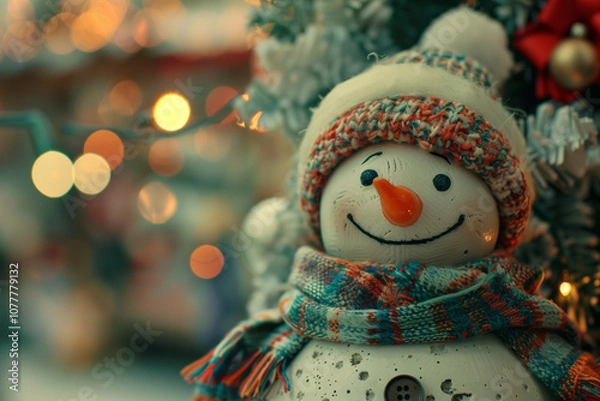 Fototapeta Cute toy snowman, christmas decor. Smiling snowman in a knitted hat and scarf. New Year's festive atmosphere, glitter, bokeh and lights. Copyspace.