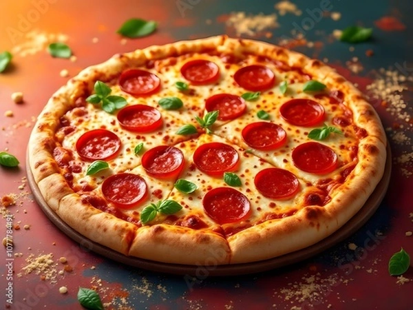 Obraz Pizza Pepperoni and Cheese on the dish and clean table.