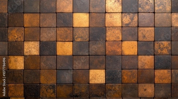 Fototapeta Vintage Arabesque Mosaic Tile Pattern on Worn Concrete Wall - Rusty Brown and Gray Geometric Patchwork Motif Background