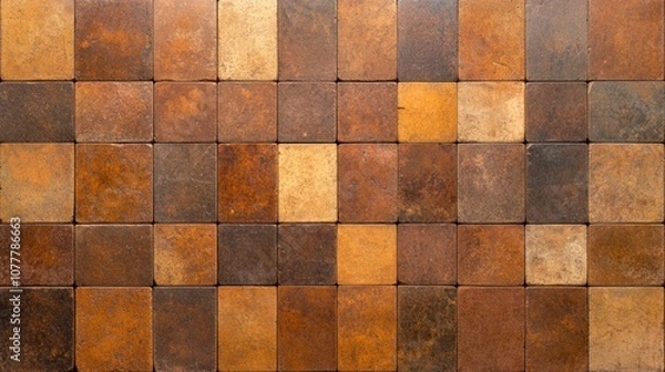 Fototapeta Vintage Arabesque Mosaic Tile Pattern on Worn Concrete Wall - Rusty Brown and Gray Geometric Patchwork Motif Background