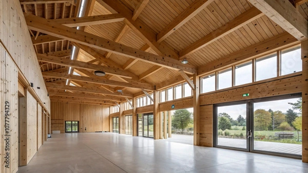 Fototapeta Eco-Friendly Interior Design with Exposed Timber Beams in a Sustainable Mass Timber Structure in Europe