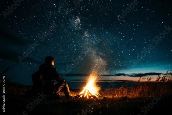 Fototapeta A lone figure sits by a campfire under a starry night sky.