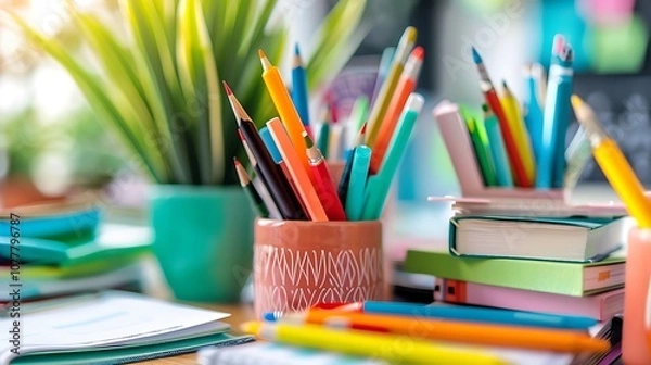 Fototapeta A close-up of eco-friendly school stationery, like plant-based highlighters and recycled pens, neatly arranged on a desk.