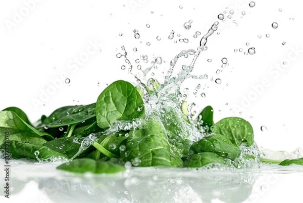 Obraz Fresh cut spinach leaves in water splash isolated on transparent background showcasing health and natural greens