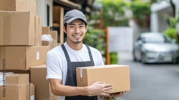 Fototapeta 笑顔の日本人スタッフによる自然な雰囲気の中での配達サービス
