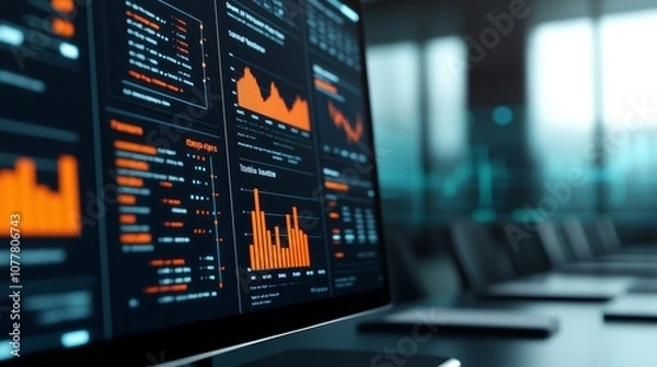 Obraz A close-up of a computer screen displaying data analytics with vibrant orange charts and graphs, set against a blurred office background.
