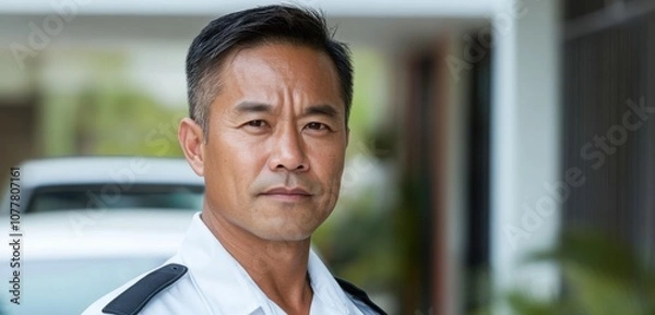 Fototapeta 自然光の中で勤務する専任の警備員