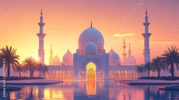 Fototapeta Sheikh Zayed Grand Mosque at Sunset with Palm Trees and Reflecting Water