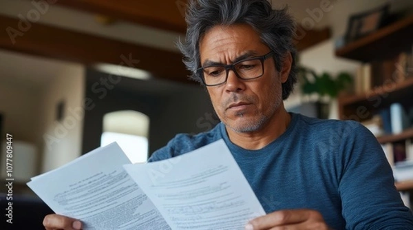 Fototapeta 自然光の中で離婚届に署名する思慮深い日本人男性