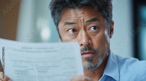 Fototapeta 自然光の中で心配そうに離婚届を確認する思慮深い日本人男性