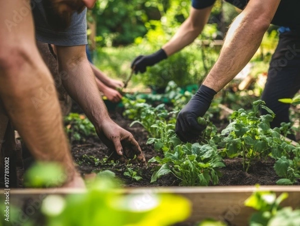 Fototapeta Close-up of Two Gardeners Tending to Plants in a Raised Bed