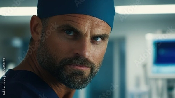 Fototapeta 医療現場でプロ仕様の照明をつけた自信に満ちた中年医師