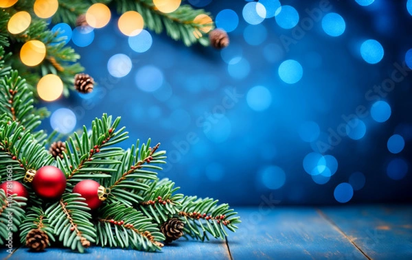 Obraz Merry Christmas decorative pine leaves with bokeh light background with lots of copy space, and happy New Year background gen. AI